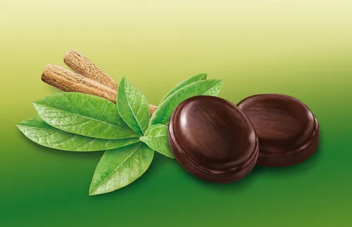 Carob pods with green leaves on gradient background by Kai Klimiont