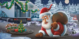 Santa Claus with sack near sleigh and reindeer in snowy forest by Kai Klimiont