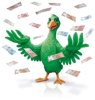 Green cartoon bird with money floating around by Kai Klimiont