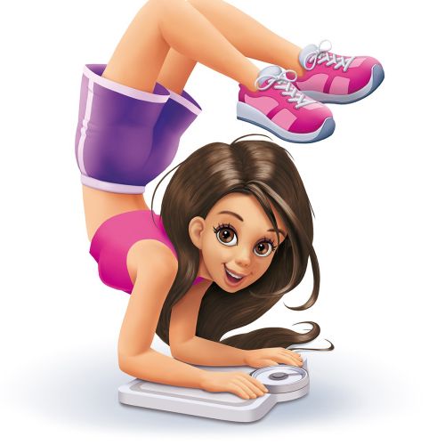 Cartoon girl in pink athletic wear doing a flexible pose on a scale by Kai Klimiont