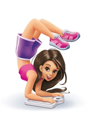 Cartoon girl in pink athletic wear doing a flexible pose on a scale by Kai Klimiont