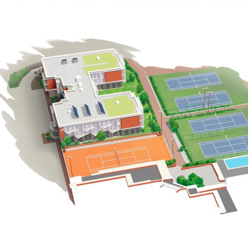 Aerial illustration of sports complex with tennis courts and pool by Kai Klimiont