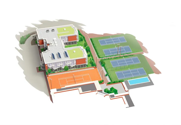 Aerial illustration of sports complex with tennis courts and pool by Kai Klimiont
