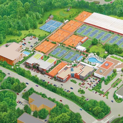 Aerial view of a residential complex surrounded by trees and parking, by Kai Klimiont