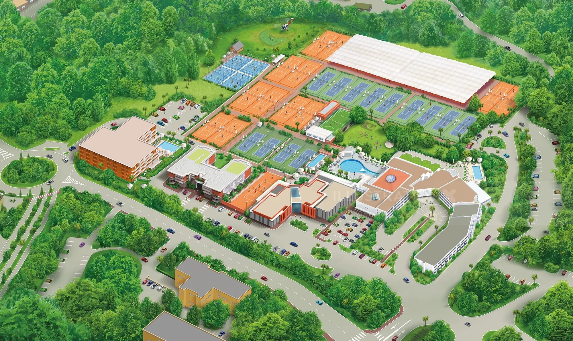 Aerial view of a residential complex surrounded by trees and parking, by Kai Klimiont