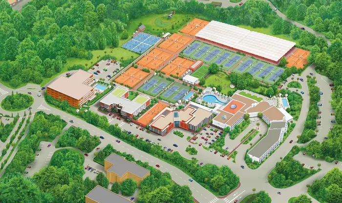 Aerial view of a residential complex surrounded by trees and parking, by Kai Klimiont