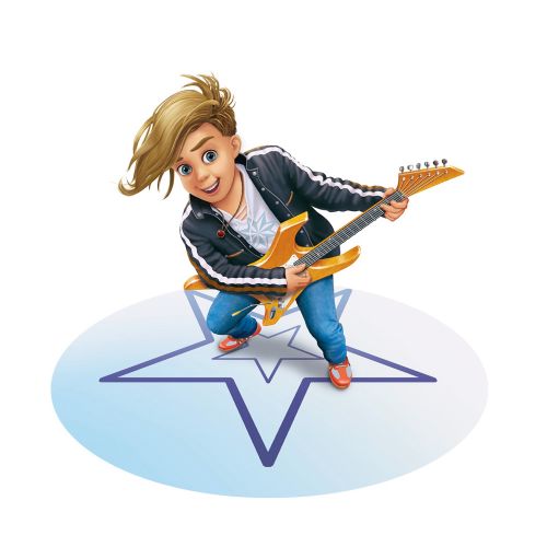 Cheerful young person playing electric guitar on star stage by Kai Klimiont