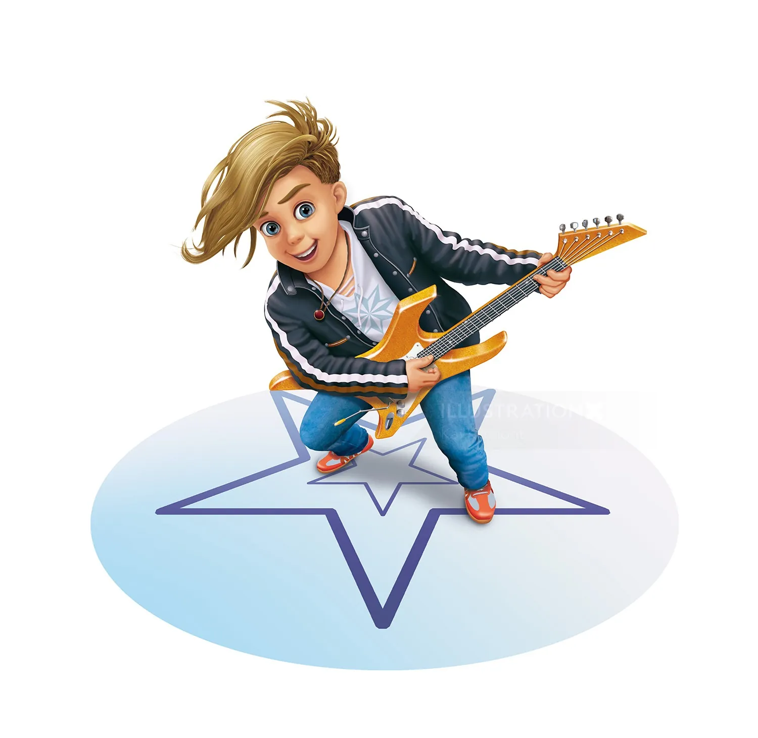 Cheerful young person playing electric guitar on star stage by Kai Klimiont
