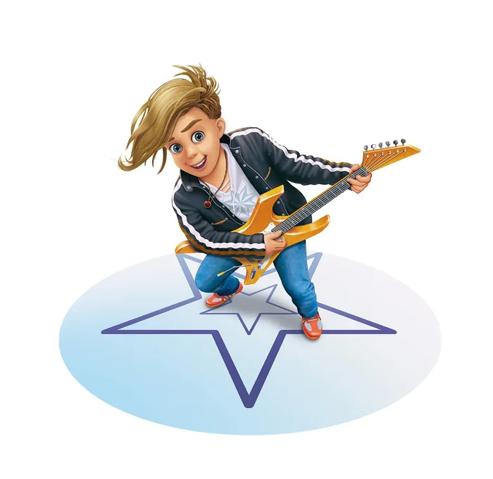 Cheerful young person playing electric guitar on star stage by Kai Klimiont