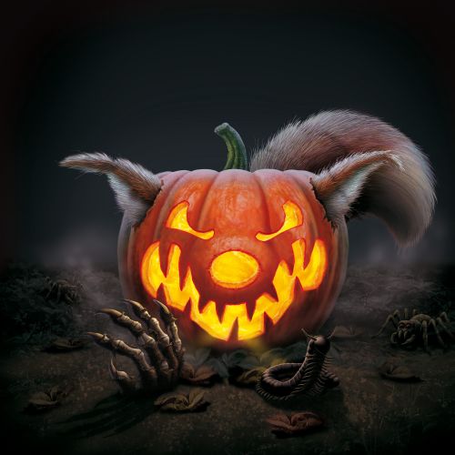 Glowing carved jack-o'-lantern with animal ears and skeletal hands by Kai Klimiont