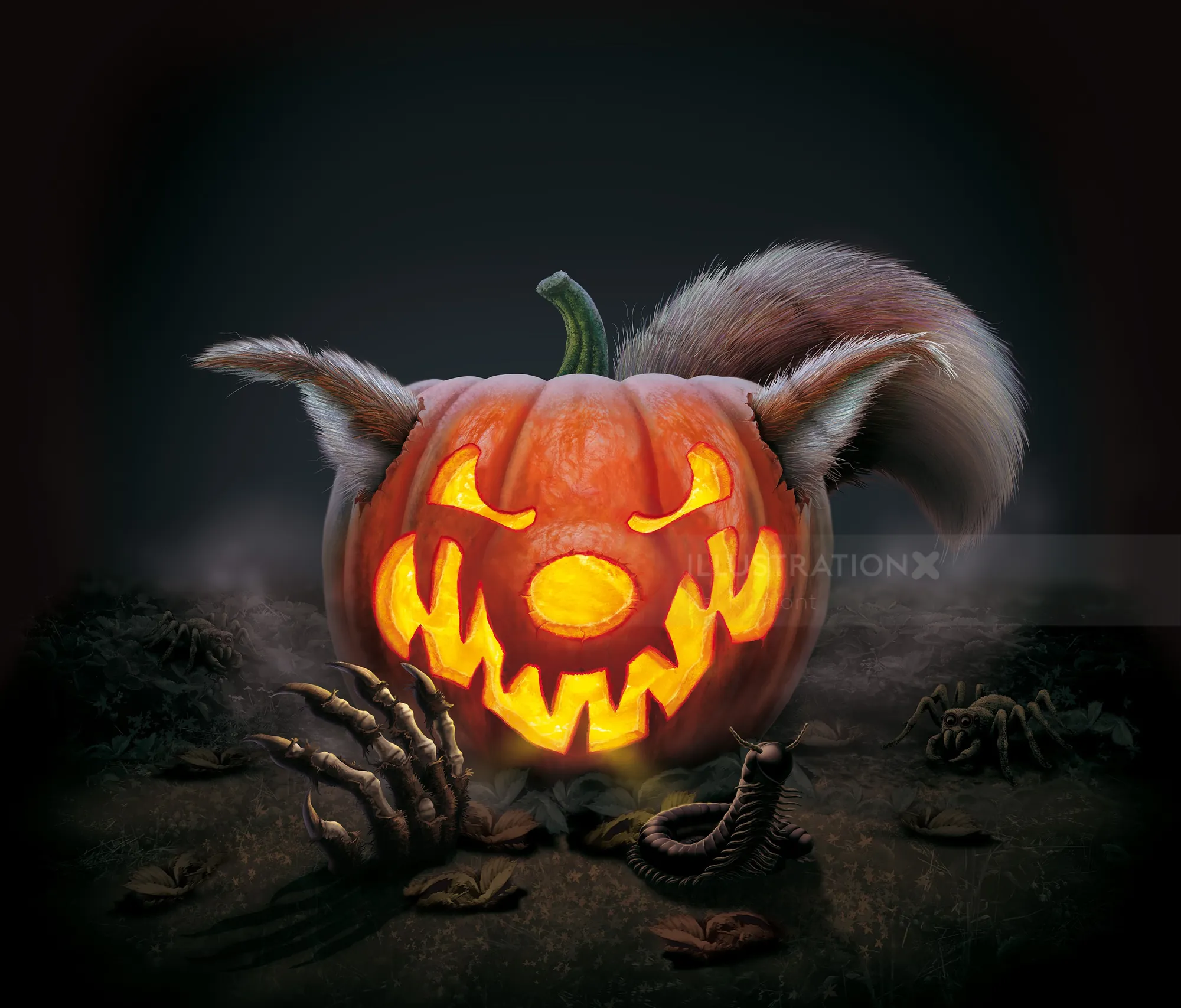 Glowing carved jack-o'-lantern with animal ears and skeletal hands by Kai Klimiont