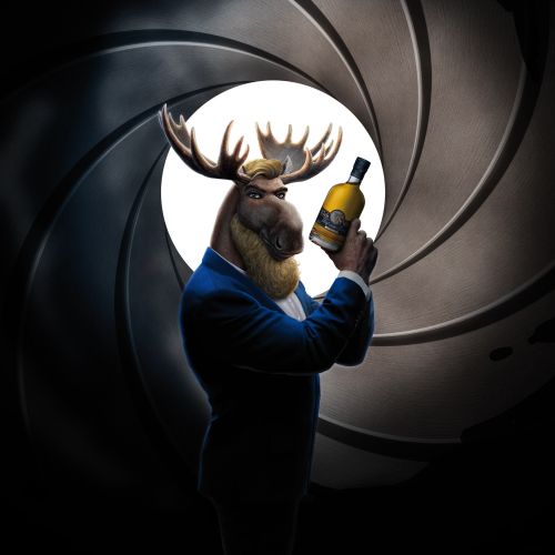 Anthropomorphic moose in suit holding whisky bottle by Kai Klimiont