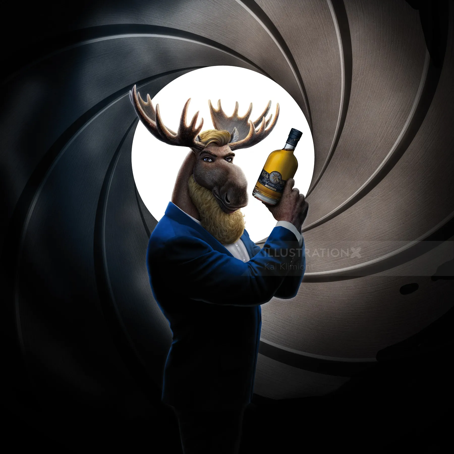 Anthropomorphic moose in suit holding whisky bottle by Kai Klimiont