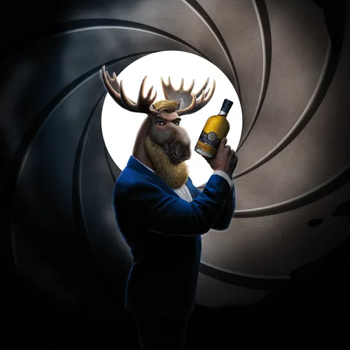 Anthropomorphic moose in suit holding whisky bottle by Kai Klimiont
