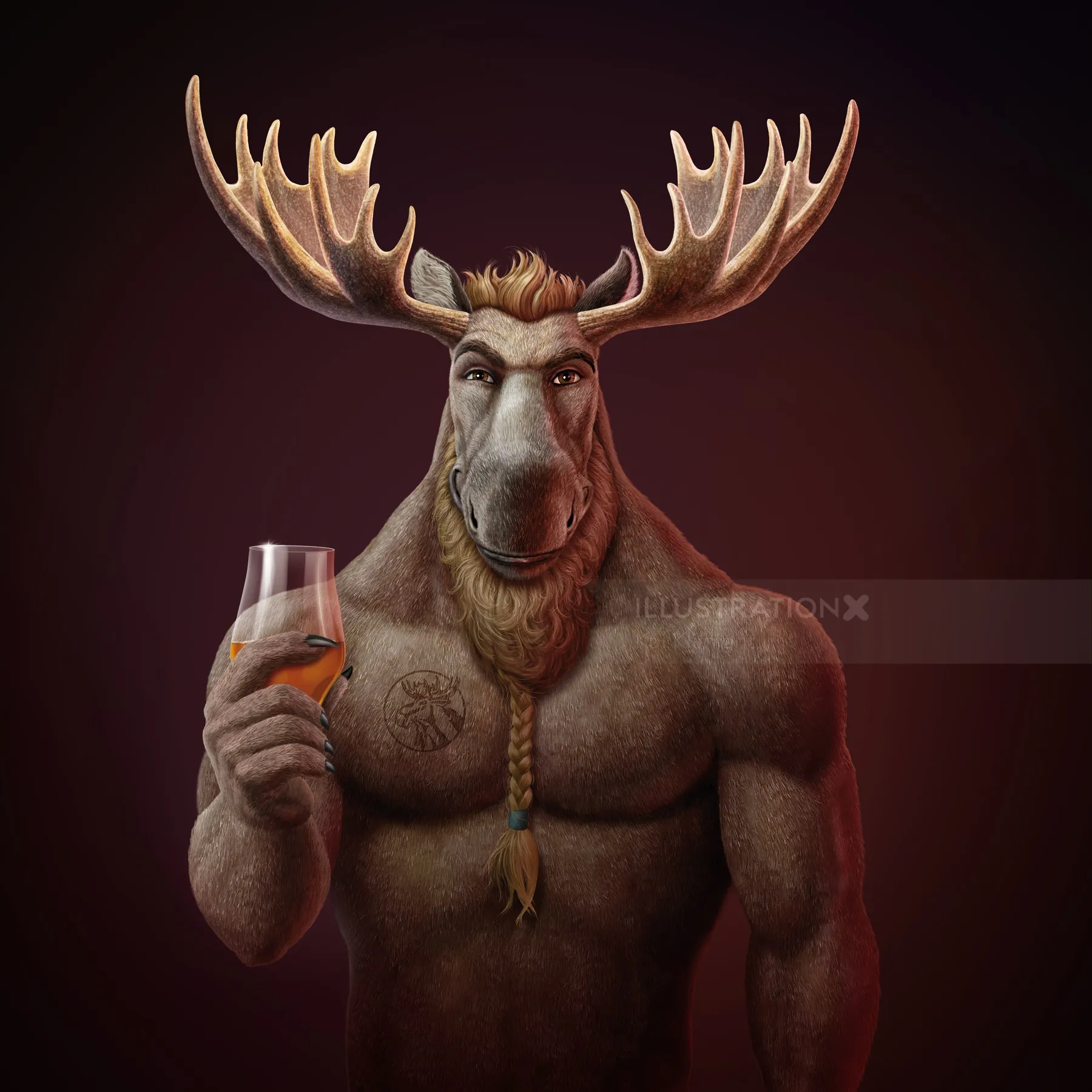 A muscular moose holding a glass of wine, digital painting by Kai Klimiont