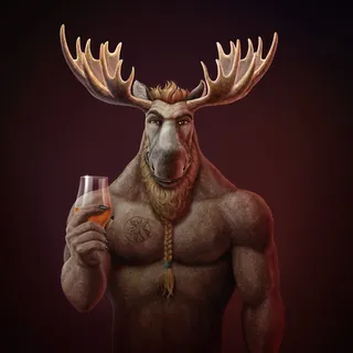 A muscular moose holding a glass of wine, digital painting by Kai Klimiont