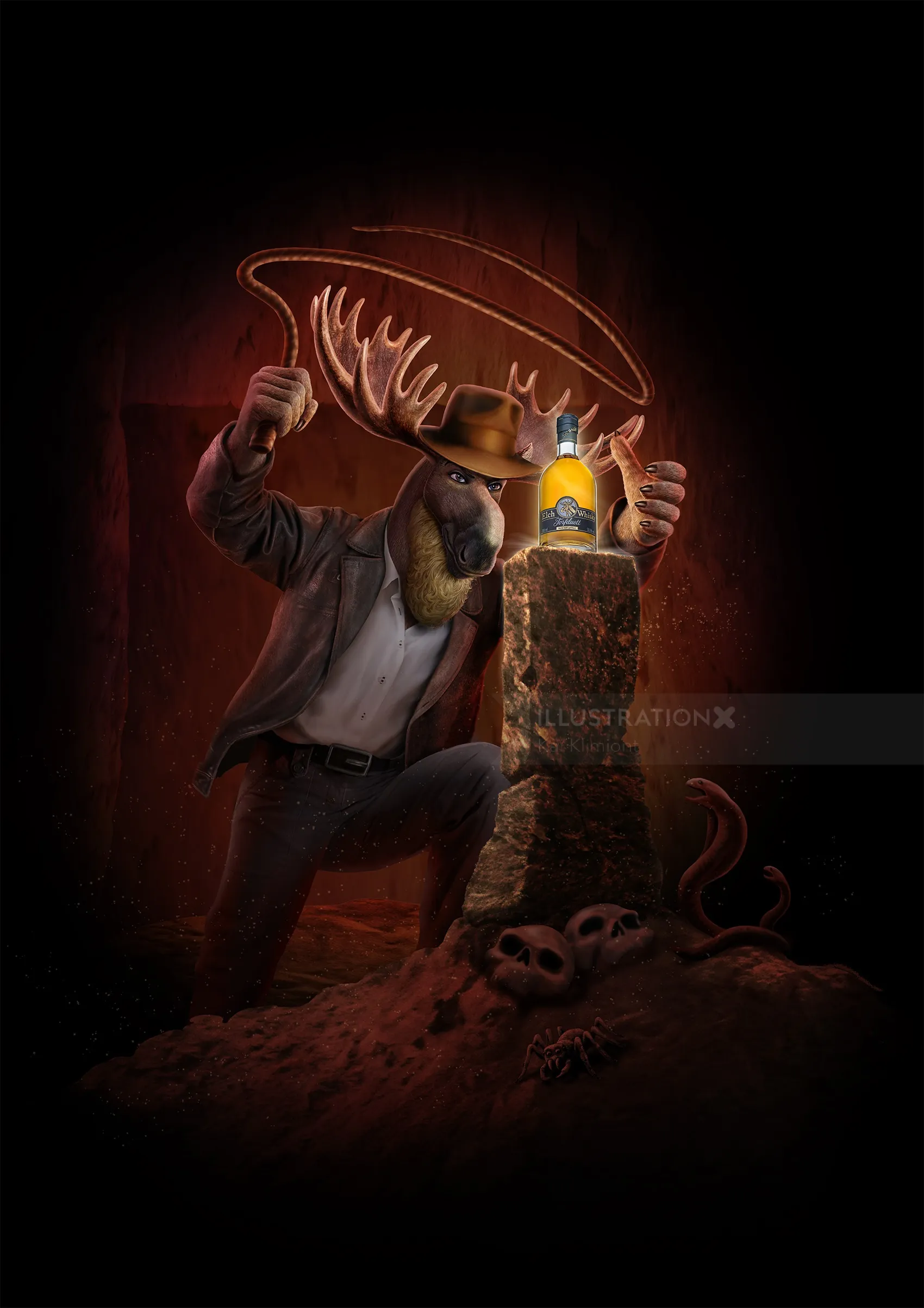 Man holding glowing lasso near candle and skulls in dark scene by Kai Klimiont