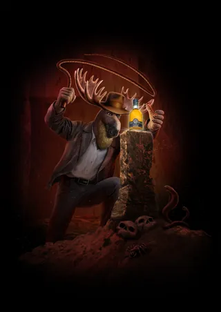 Man holding glowing lasso near candle and skulls in dark scene by Kai Klimiont