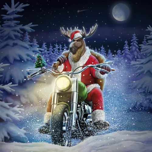 Moose dressed as Santa riding a motorcycle in snowy forest by Kai Klimiont