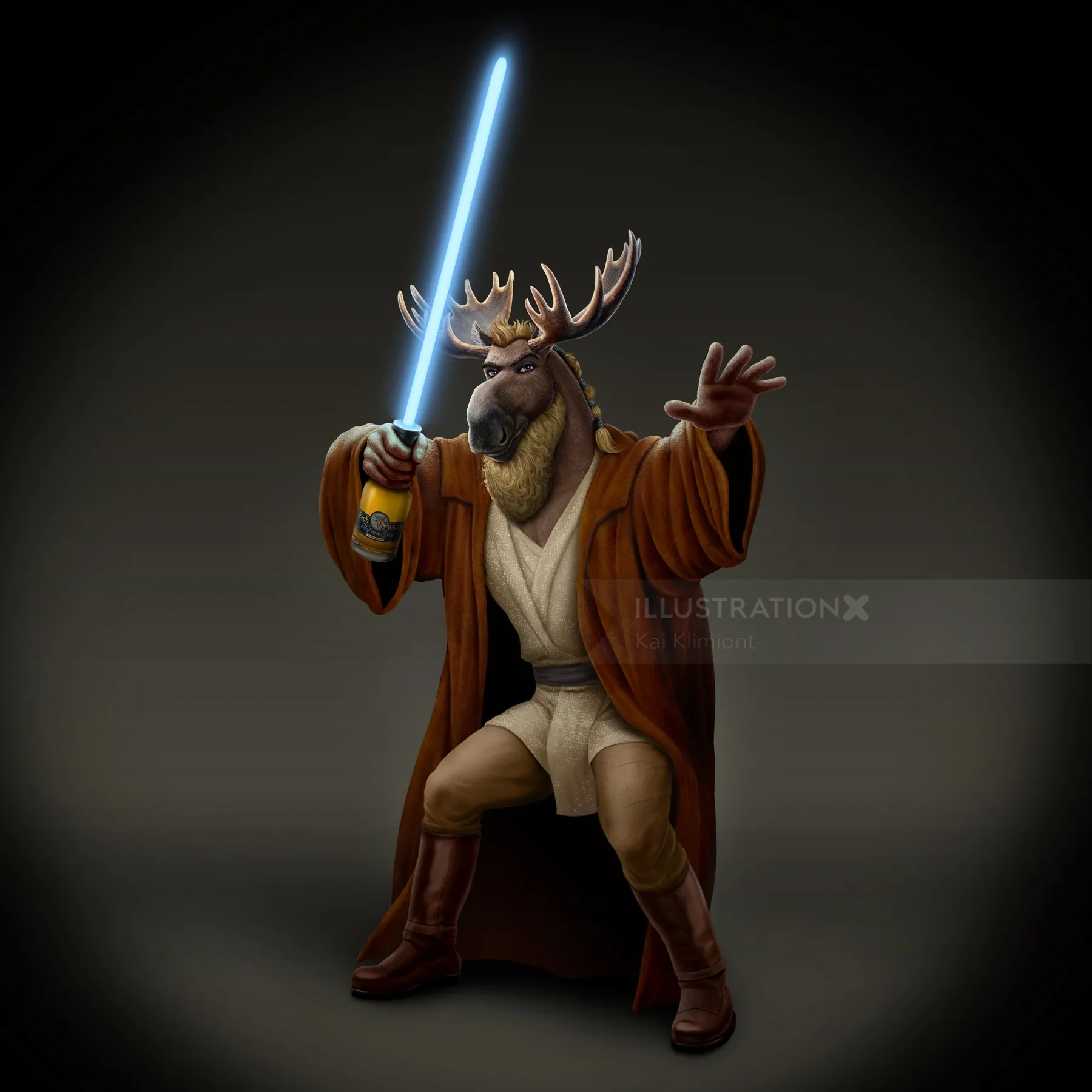 Moose dressed as Jedi wielding blue lightsaber by Kai Klimiont