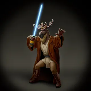Moose dressed as Jedi wielding blue lightsaber by Kai Klimiont