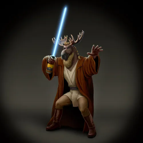 Moose dressed as Jedi wielding blue lightsaber by Kai Klimiont