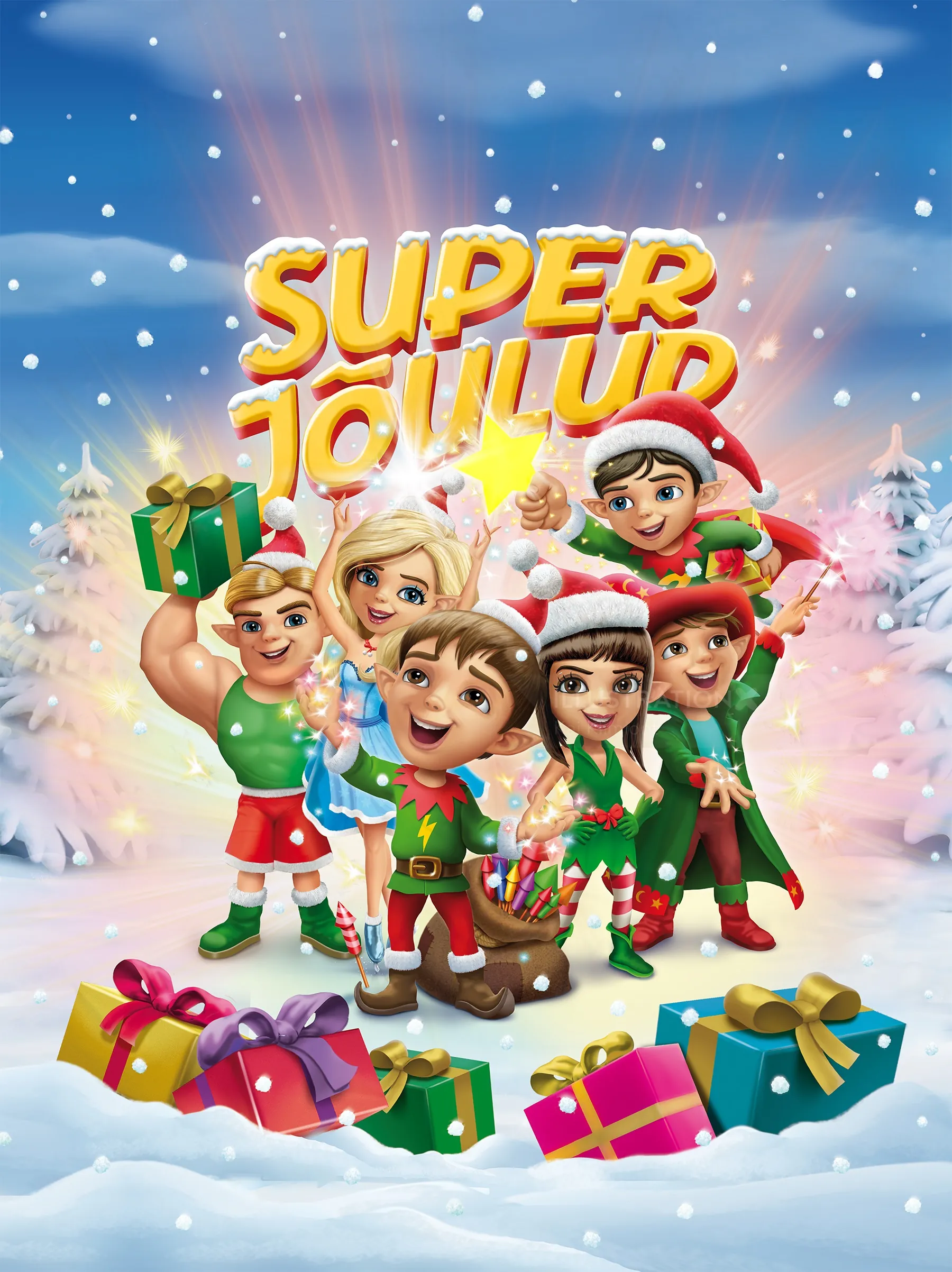 Holiday elves holding gifts in snowy scene by Kai Klimiont