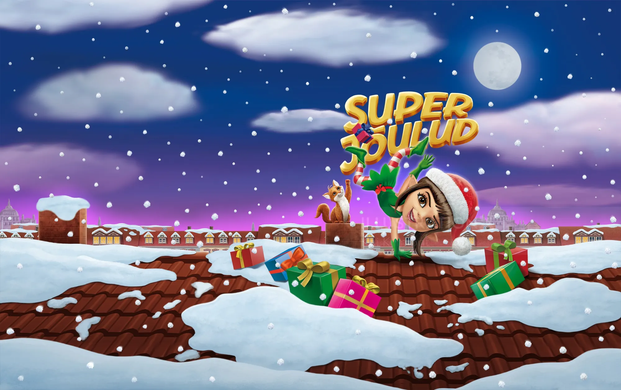 Festive elf with presents on snowy rooftop under starry sky by Kai Klimiont