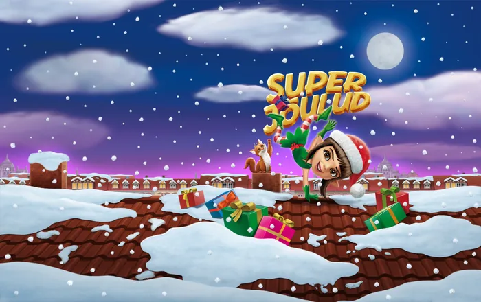 Festive elf with presents on snowy rooftop under starry sky by Kai Klimiont