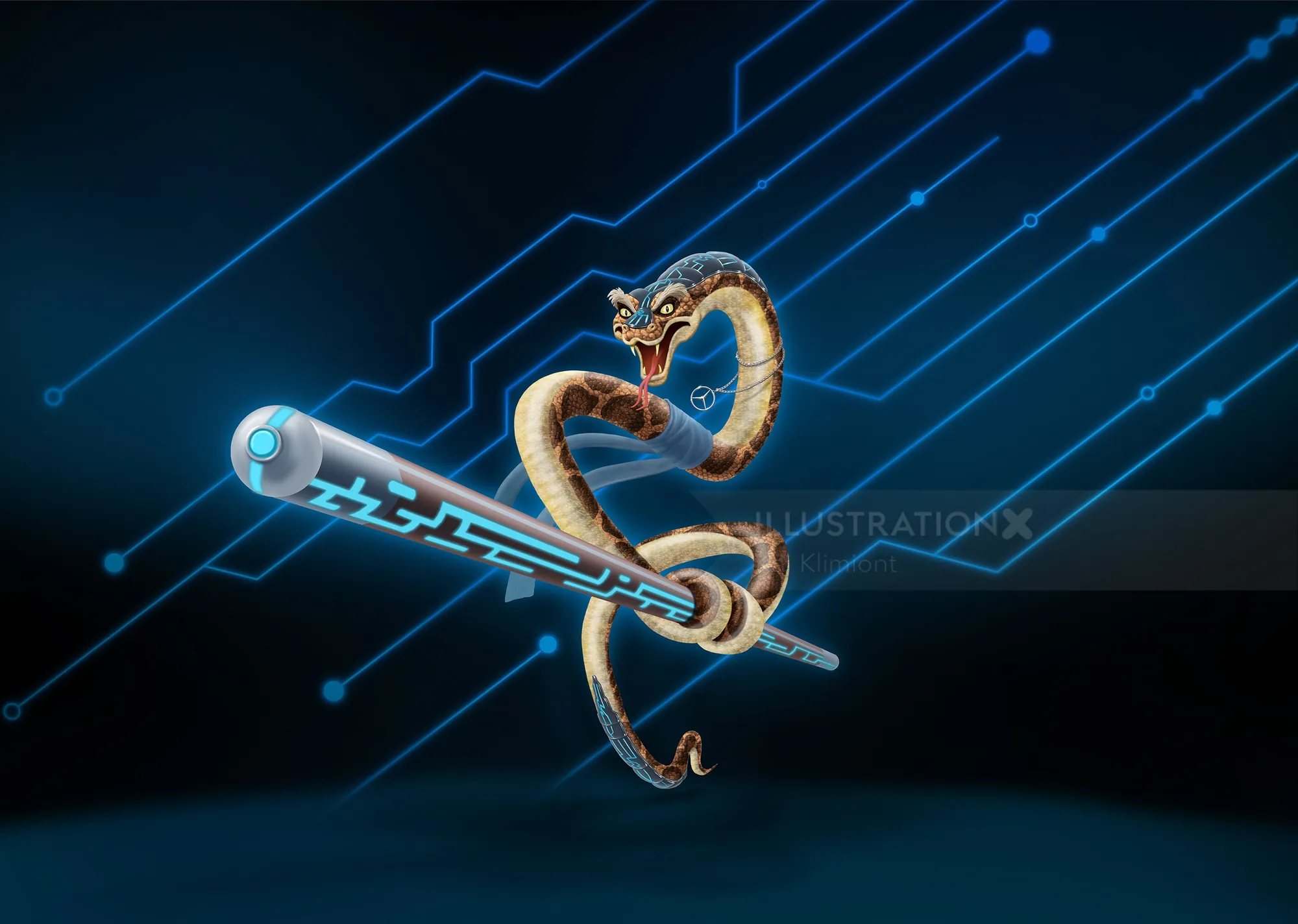 Snake wrapped around a glowing digital circuit board rod by Kai Klimiont