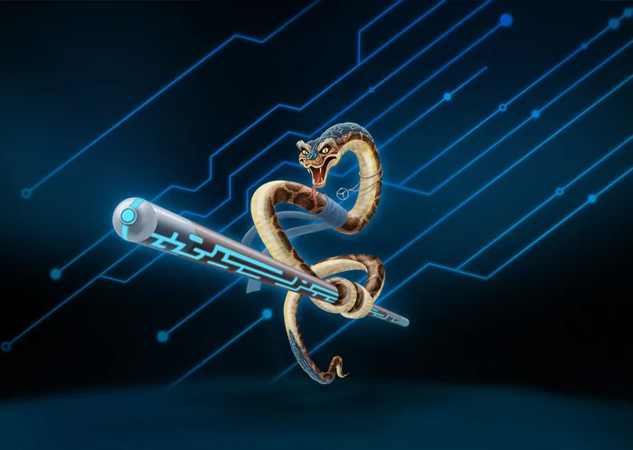 Snake wrapped around a glowing digital circuit board rod by Kai Klimiont