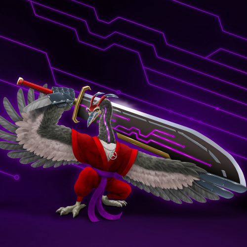 Digital bird warrior holding a giant sword, by Kai Klimiont