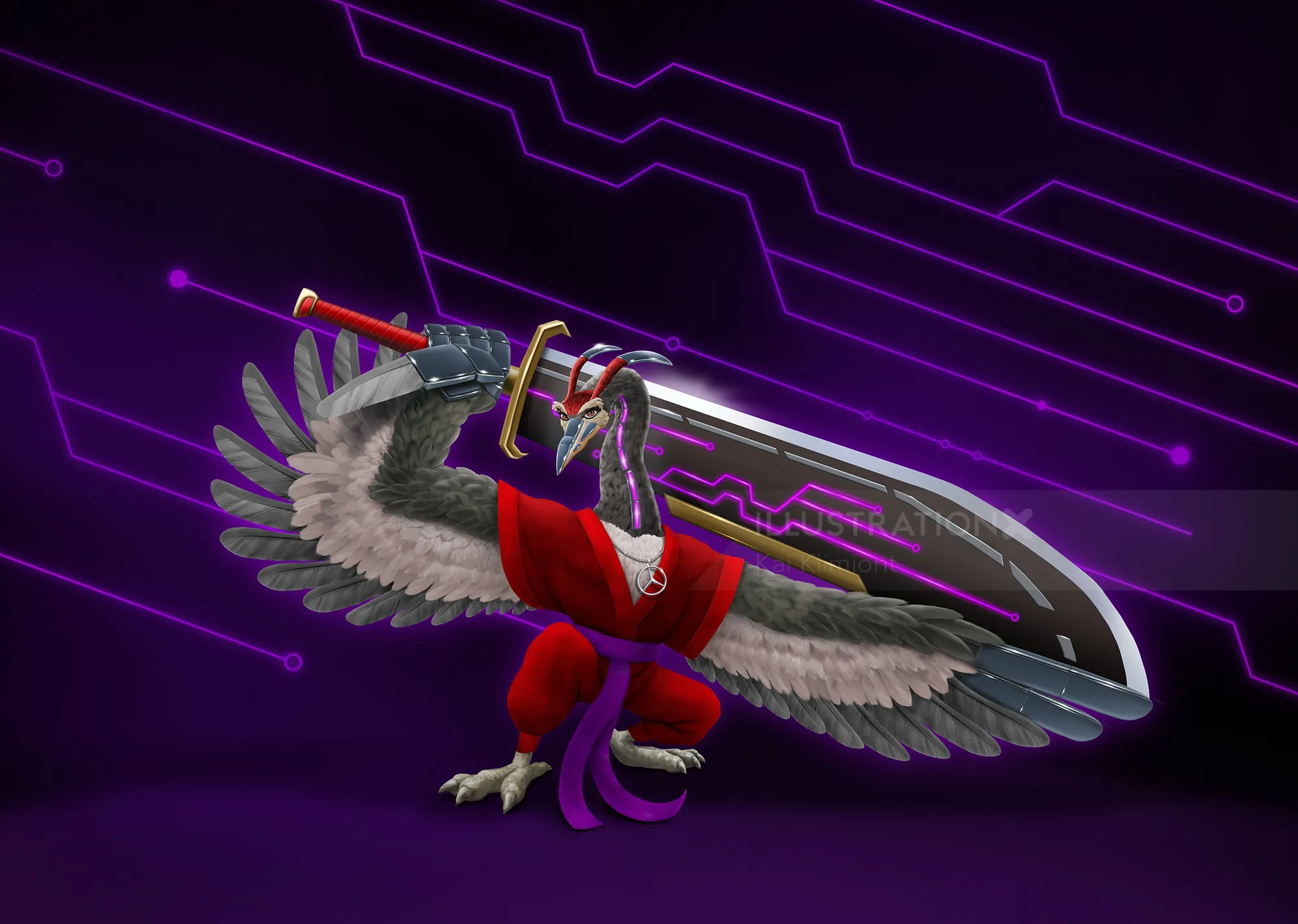 Digital bird warrior holding a giant sword, by Kai Klimiont