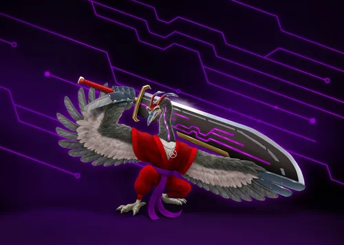 Digital bird warrior holding a giant sword, by Kai Klimiont