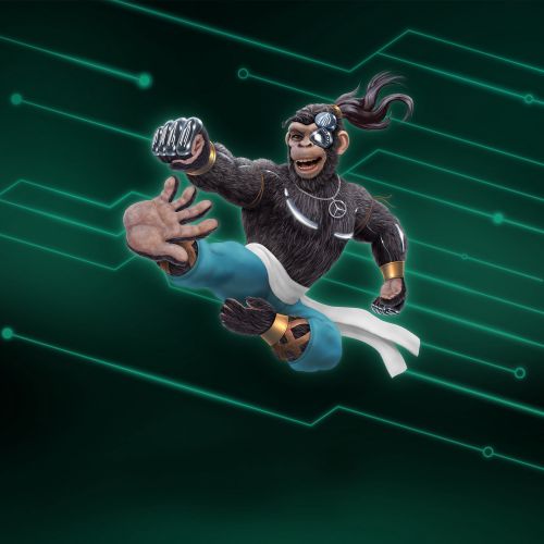 Futuristic martial artist performing a flying kick in a digital background by Kai Klimiont