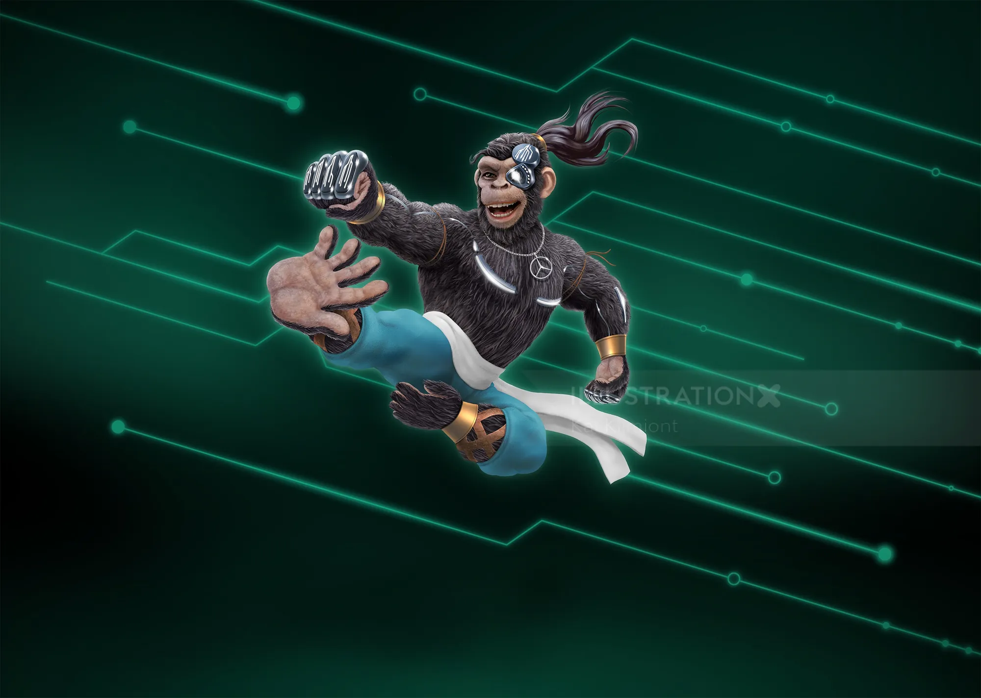 Futuristic martial artist performing a flying kick in a digital background by Kai Klimiont