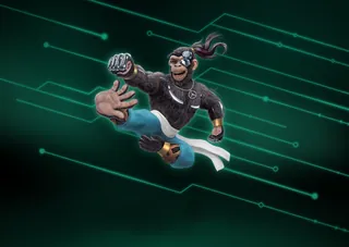 Futuristic martial artist performing a flying kick in a digital background by Kai Klimiont