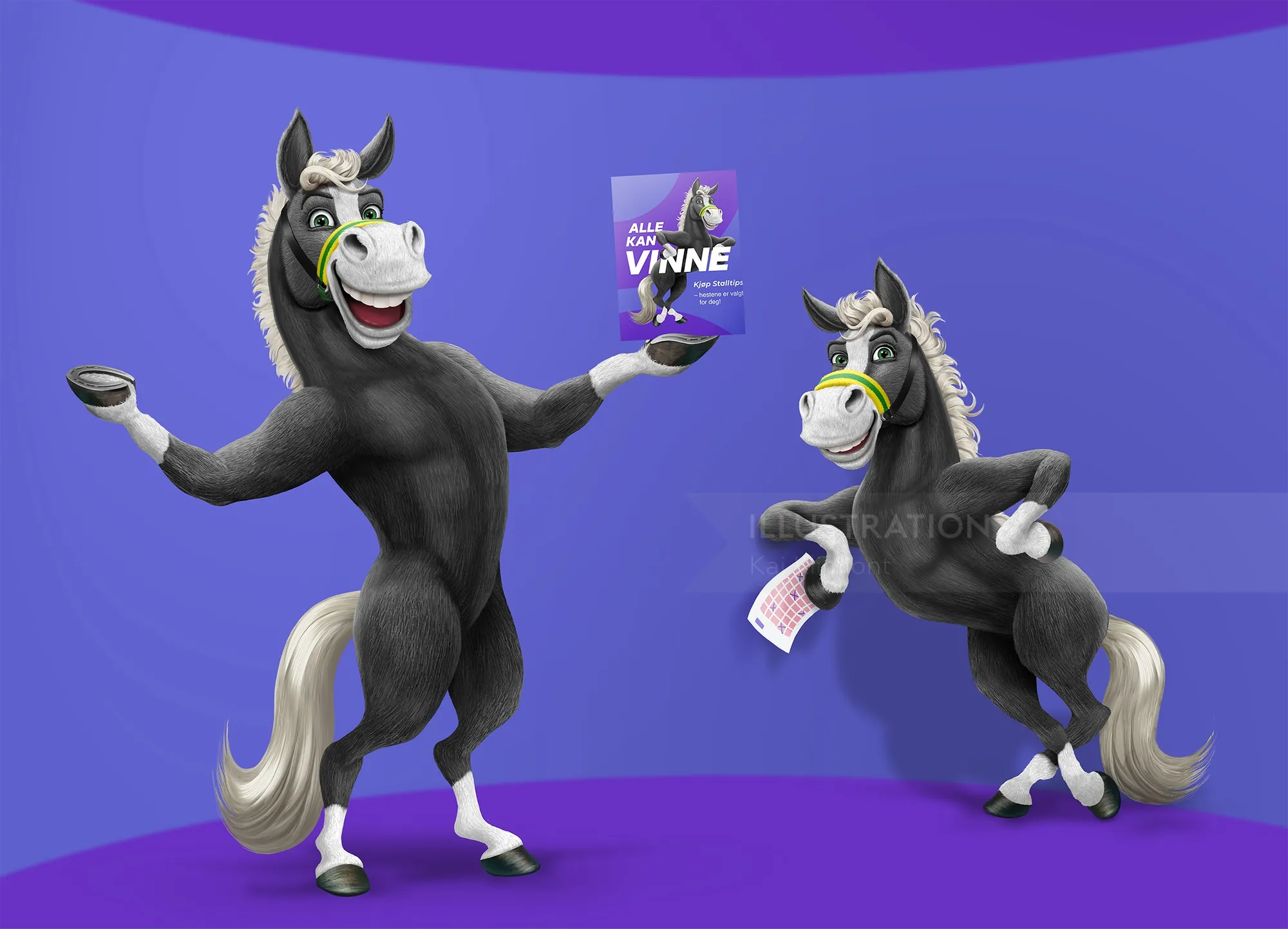 Two anthropomorphic donkeys holding cards with playful expressions by Kai Klimiont