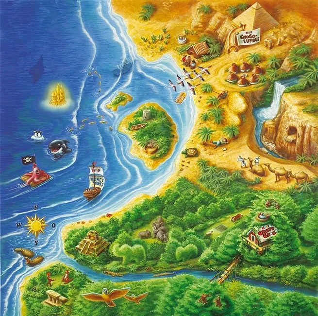 Colorful coastal map featuring ships, jungle animals, and village by Kai Klimiont