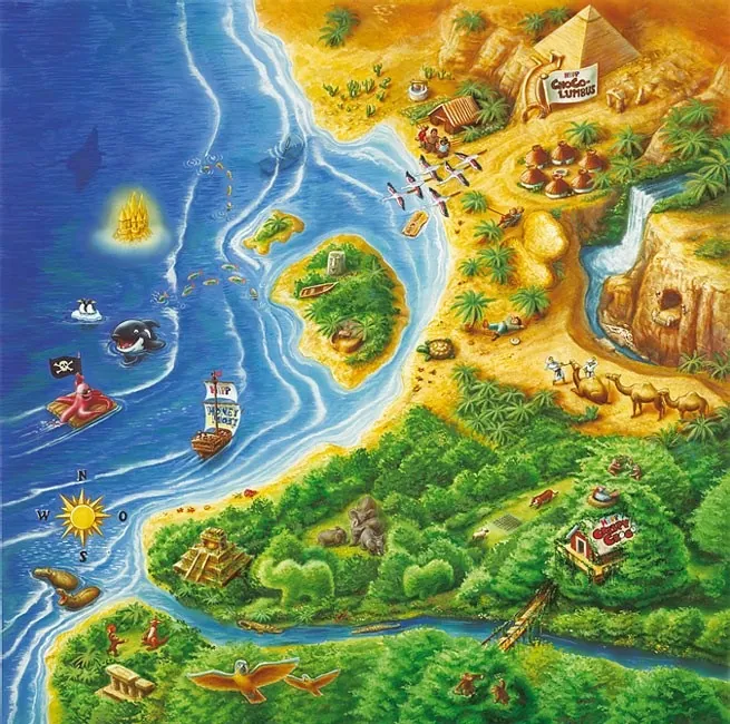 Colorful coastal map featuring ships, jungle animals, and village by Kai Klimiont