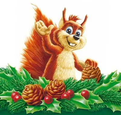 Cheerful squirrel holding pinecone among holly leaves and red berries by Kai Klimiont