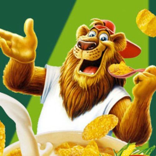 Cheerful lion mascot tossing cereal flakes, artwork by Kai Klimiont