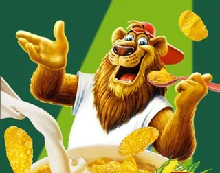 Cheerful lion mascot tossing cereal flakes, artwork by Kai Klimiont