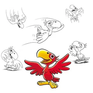 Red parrot cartoon with bird sketches by Kai Klimiont
