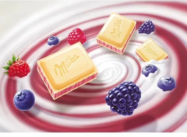 Milka chocolate squares with mixed berries on a swirling red and white background by Kai Klimiont