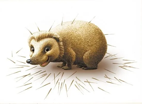 Illustration of a smiling hedgehog with quills on white background by Kai Klimiont