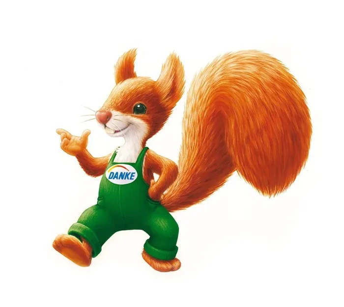 Smiling orange squirrel mascot in green overalls saying danke by Kai Klimiont