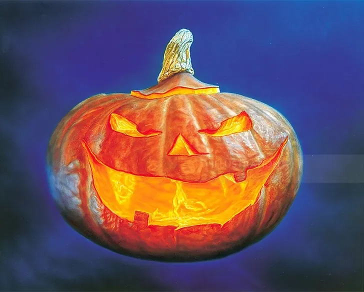 Carved glowing jack-o'-lantern pumpkin with sinister expression by Kai Klimiont