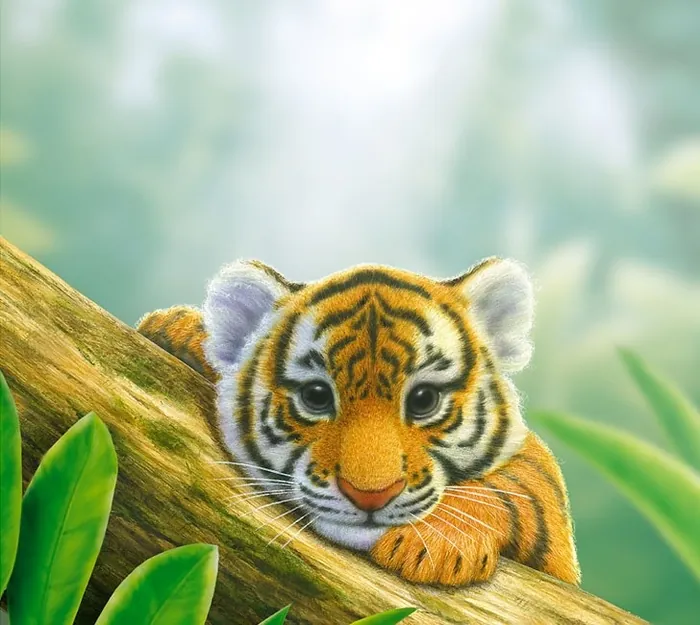 Tiger cub resting on tree branch in soft sunlight by Kai Klimiont