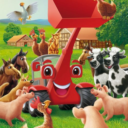 Smiling red tractor with farm animals in a bright rural setting by Kai Klimiont